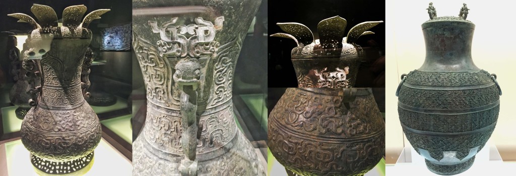 莲瓣盖龙纹壶,春秋中期(公元前7世纪上半叶-前6世纪上半叶) 羽翅纹壶,战国早期(公元前475年-前4世纪中叶)