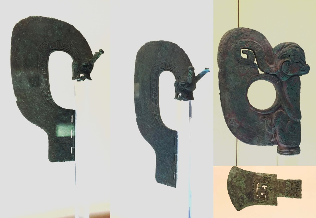 龙首钺,西周早期(公元前11世纪) 象首兽纹钺,西周早期(公元前11世纪) 透雕龙纹钺,商代晚期(公元前13世纪-前11世纪)